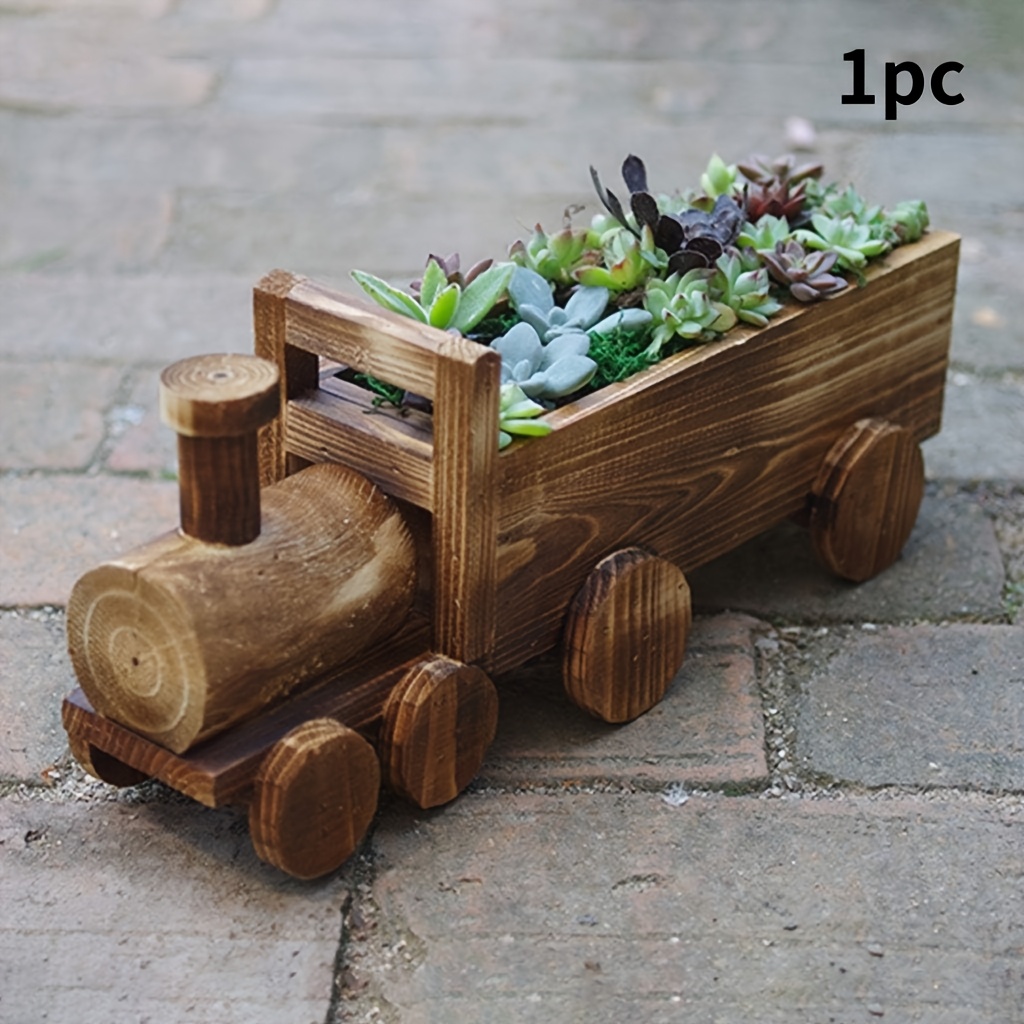 TEMU 1pc Wooden Train-shaped Flower Pot For Succulents, Bonsai Plant Potted Planter - Home Garden Supplies, Indoor/outdoor Use Succulent Plant Potted
