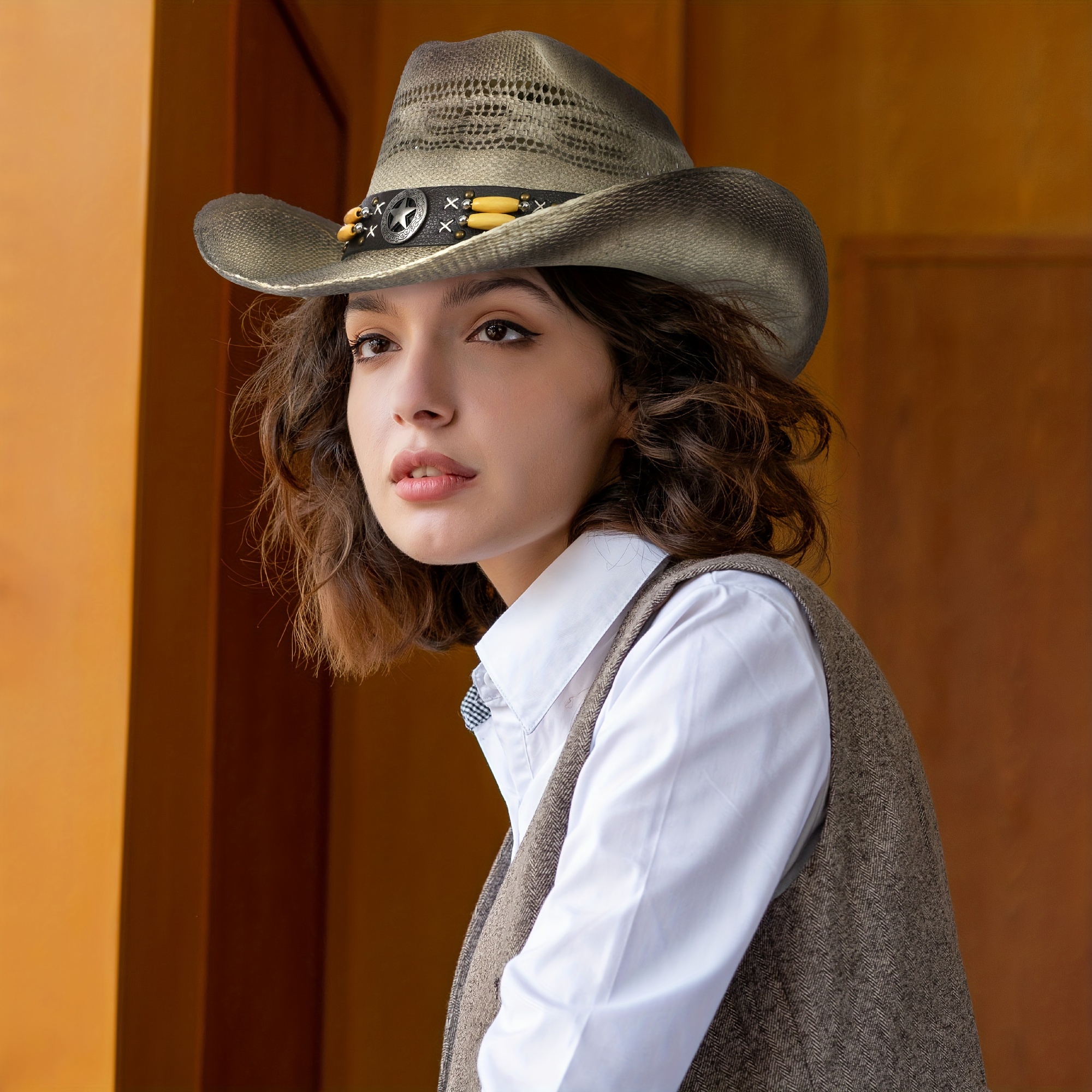 

Men & Women's Woven Straw Cowboy Hat Wide Brim Western Cowgirl Hat Sun Hat