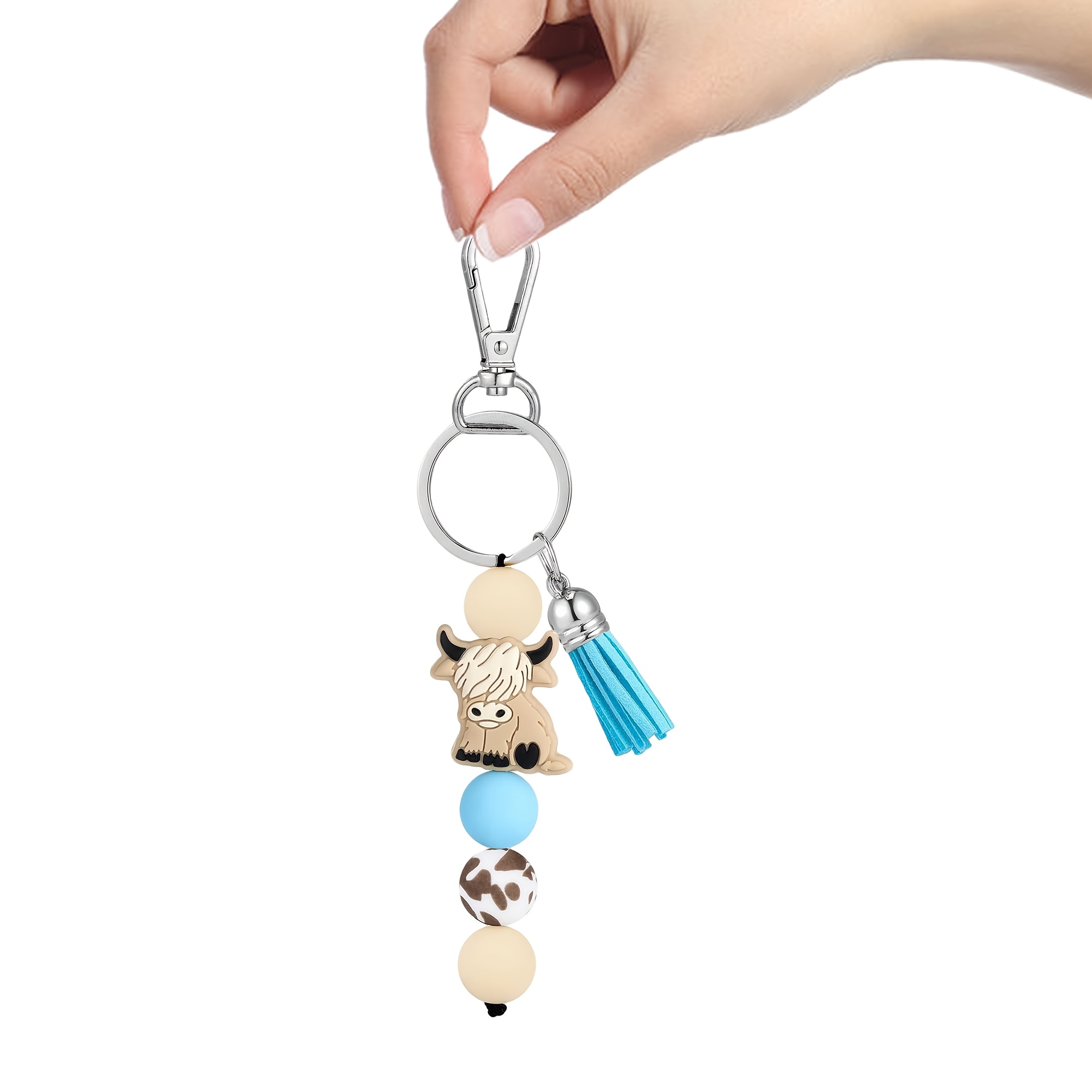 TEMU Porte-clés avec perles Vache Marron Animal de Dessin Animé et Abeille, Accessoire de Poignet Rétro Western pour Femmes, Cadeau pour le Ramadan