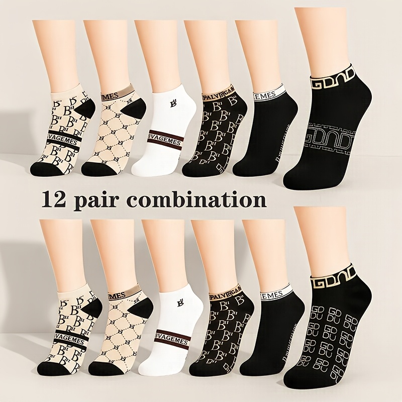 TEMU 12-pair Pc Men's & Unisex Vintage Low-cut Ankle Socks - Letter-printed Suitable For &, Breathable Thin Crew Socks Suitable For Campus Wear,,