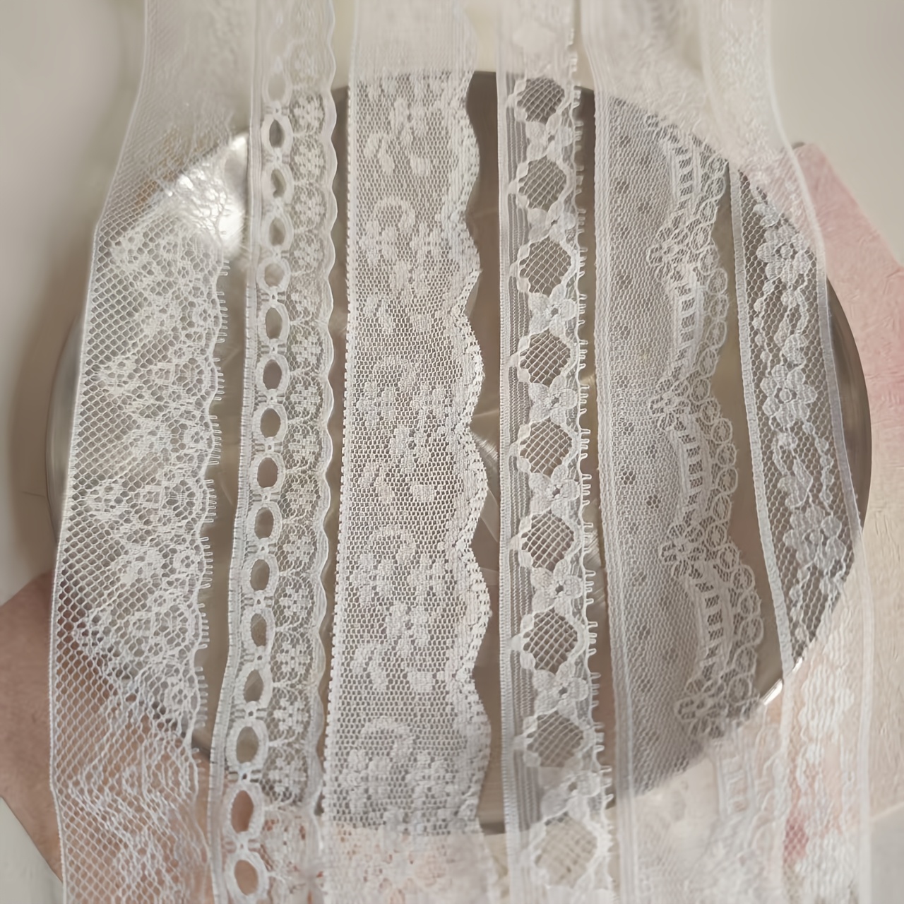 TEMU 6 Varieties, Each 3 Yards Long, Of Antique White Lace Ribbon Featuring Floral, Polka Dot, And Strawberry Designs - Beautiful Lace Perfect For