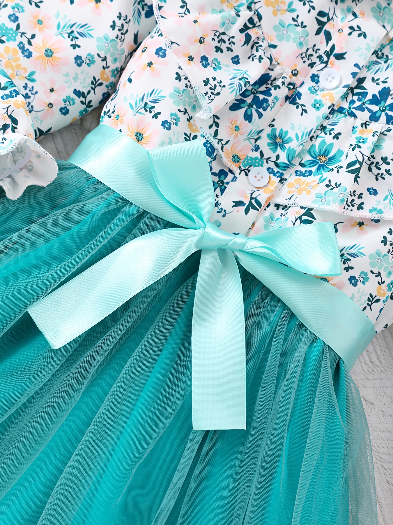 Elegant Floral Print Long Sleeve Dress with Belt - Mint Green Turned-Collar, Tulle Skirt, Perfect for Fall/Winter, Toddler Fashion, Toddler Fashion Outfit | Floral Print Dress | Glossy Fabric, Floral Print Blouse
