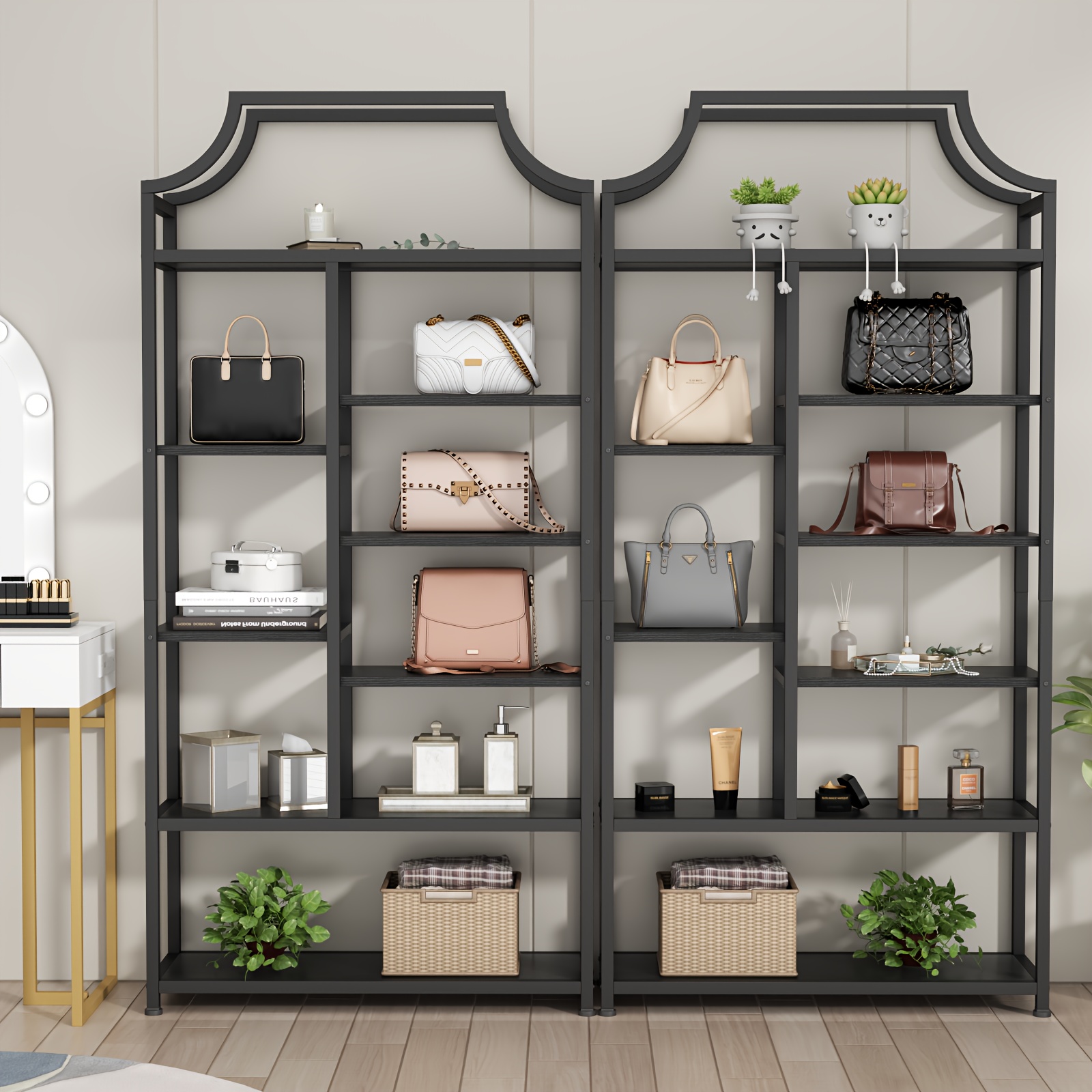 8-Tier Entryway Ladder Shelf - Tall Storage & Display Rack With White Shelves - Golden & Black Options - Perfect For Hallway, Living Room, Bedroom