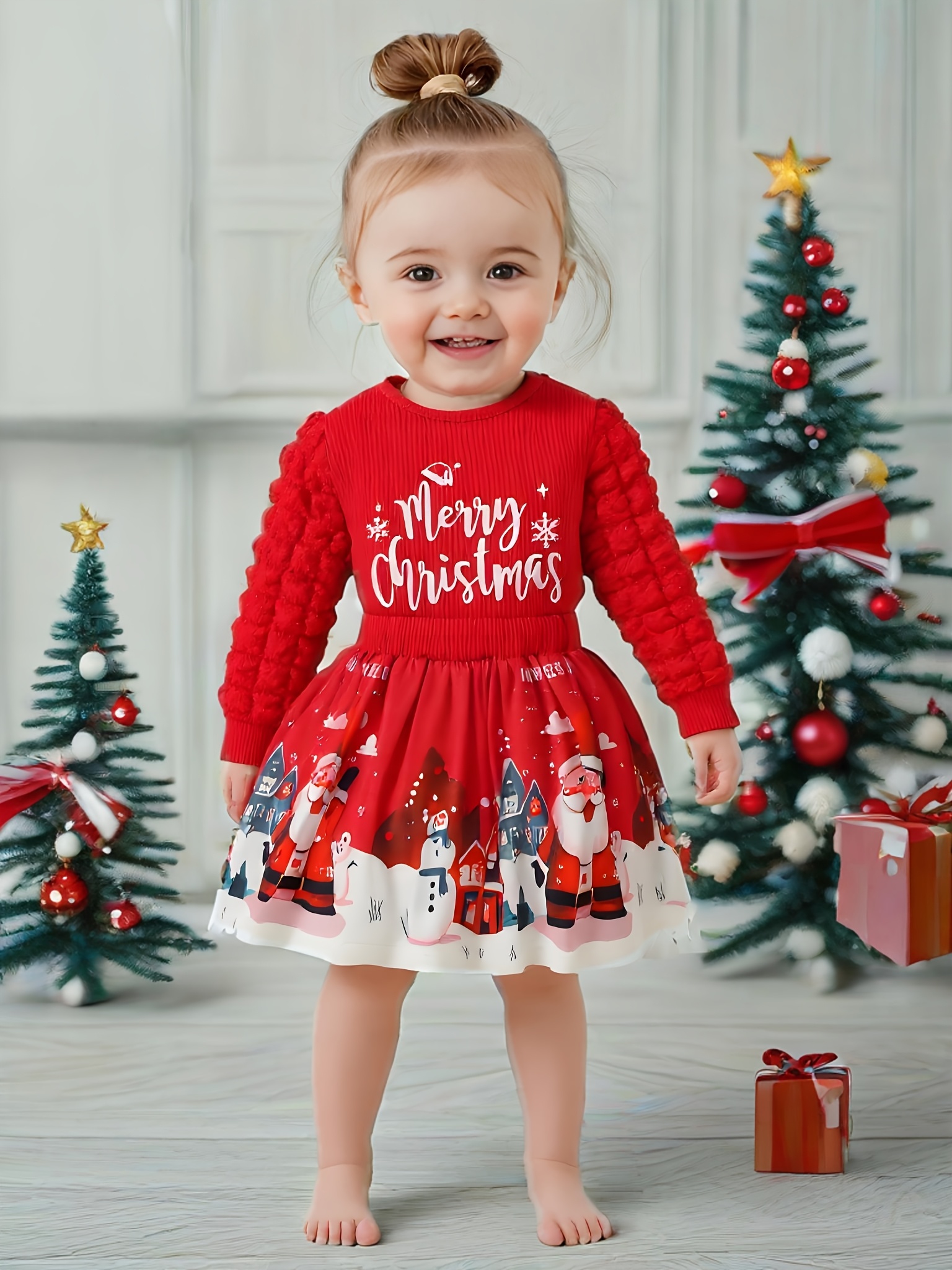 2-delige Kerstoutfit Set voor Meisjes - Zachte Ronde Hals Korte Jurk met Bubble Mouwen & Ruffled Zoom, Comfortabele Winterrok met Kerstman & Sneeuwvlok Print