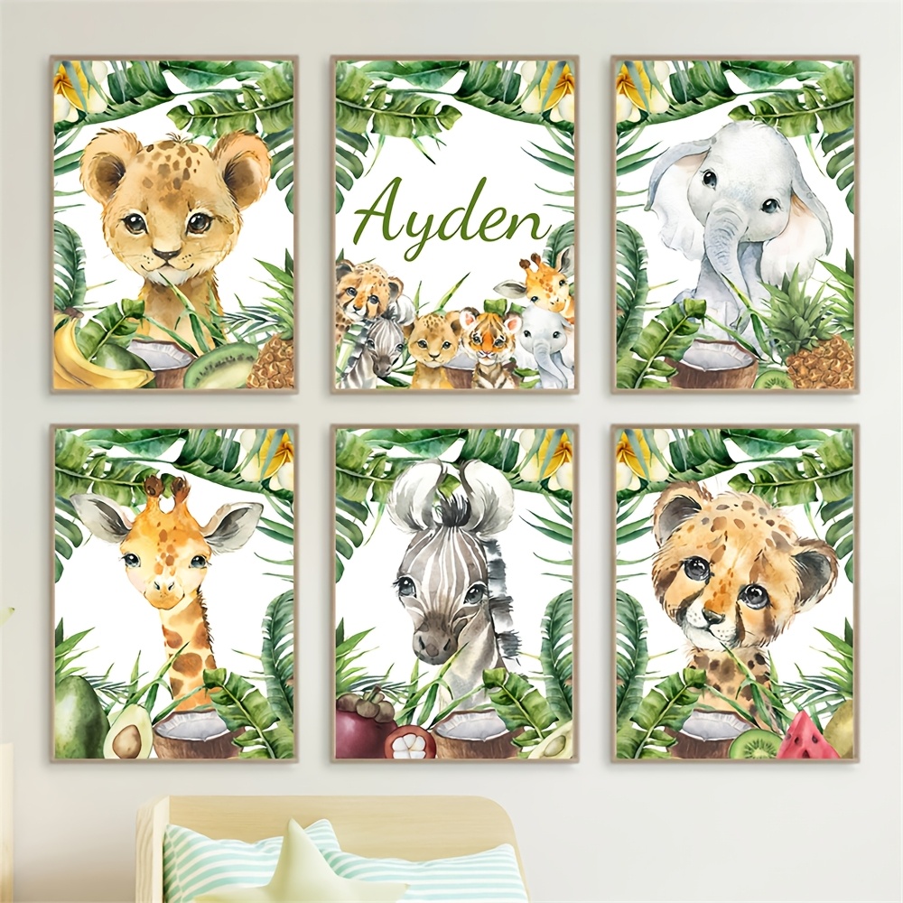 TEMU 6pcs Canvas Art Set - Custom Nameable Giraffe, Elephant & More - Chic Animal Prints For ' Room, Bedroom, Nursery Decor -