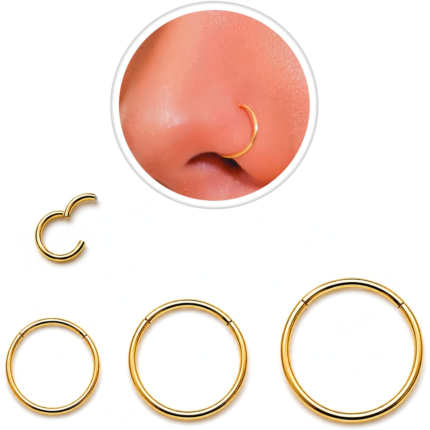 TEMU 3pcs Set 16g Elegant Stylish Men's And Women's 316l 316l Stainless Steel Hinged Small Hoop Earrings, Minimalist Seamless Nose Ring Diaphragm Lip