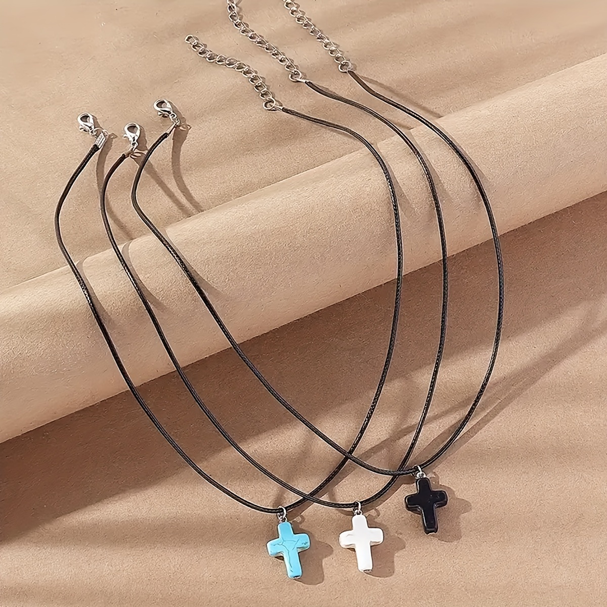 Image of 3pcs Set Vintage Minimalist Turquoise Cross Black Rope Necklace Set For Women, Exquisite Jewelry