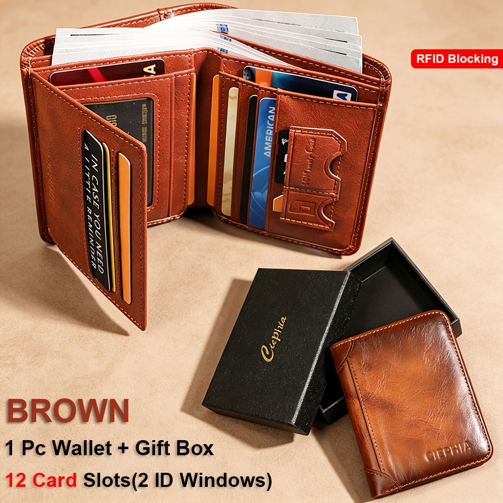 TEMU [perfect Gift For Him] Gift Box Packaging Men's Genuine Leather Wallet, Vintage Style 12 Card Slots & 8 Card Slots Optional Rfid Blocking