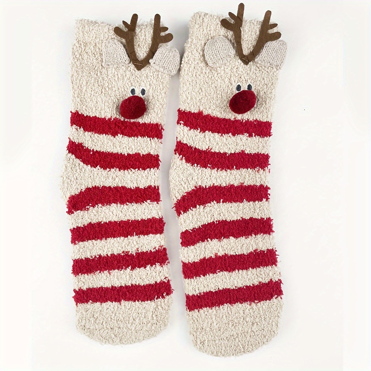 Image of A Pair Of Coral Fleece Socks For Women, Mid-calf Length, Featuring Striped Designs And A 3d Cartoon Deer Embroidery, Thickened For , Perfect For Home Use, Floor Wear, During Christmas