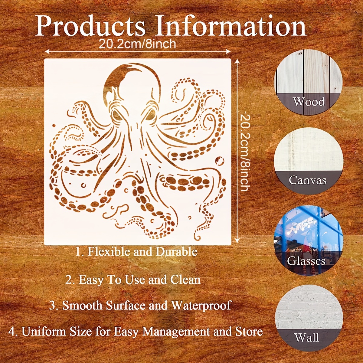 Octopus Drawing Stencils Templates Plastic Stencils Decoration Square Reusable Ocean Theme Stencils For Painting On Wood, Floor, Wall And Fabric