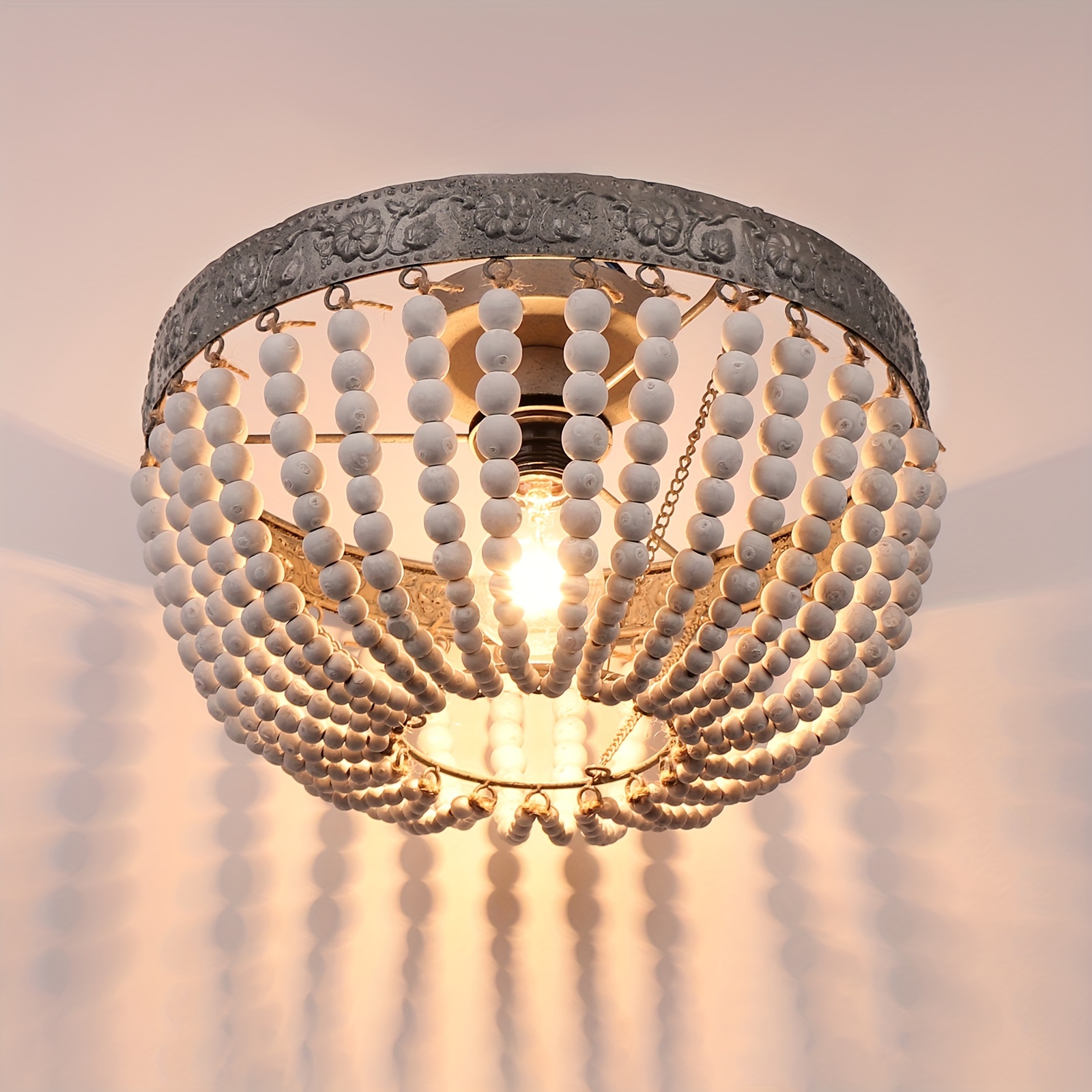 

Bohemia Wood Beaded Flush Mount Ceiling Light Rustic Chandelier White Finishing For Bedroom Nursery Room Girl Room Hallway Entryway Passway Dining Room