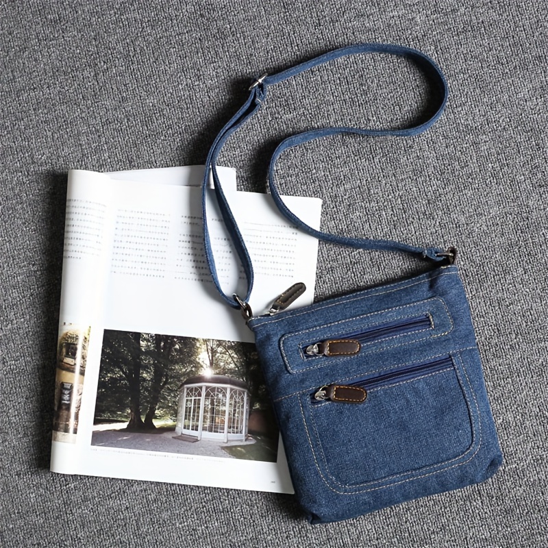 

Women's Vintage Denim Crossbody Bag, Multi-zipper Pockets Small Square Canvas Bag, Casual Large Capacity Shoulder Bag With Adjustable Strap