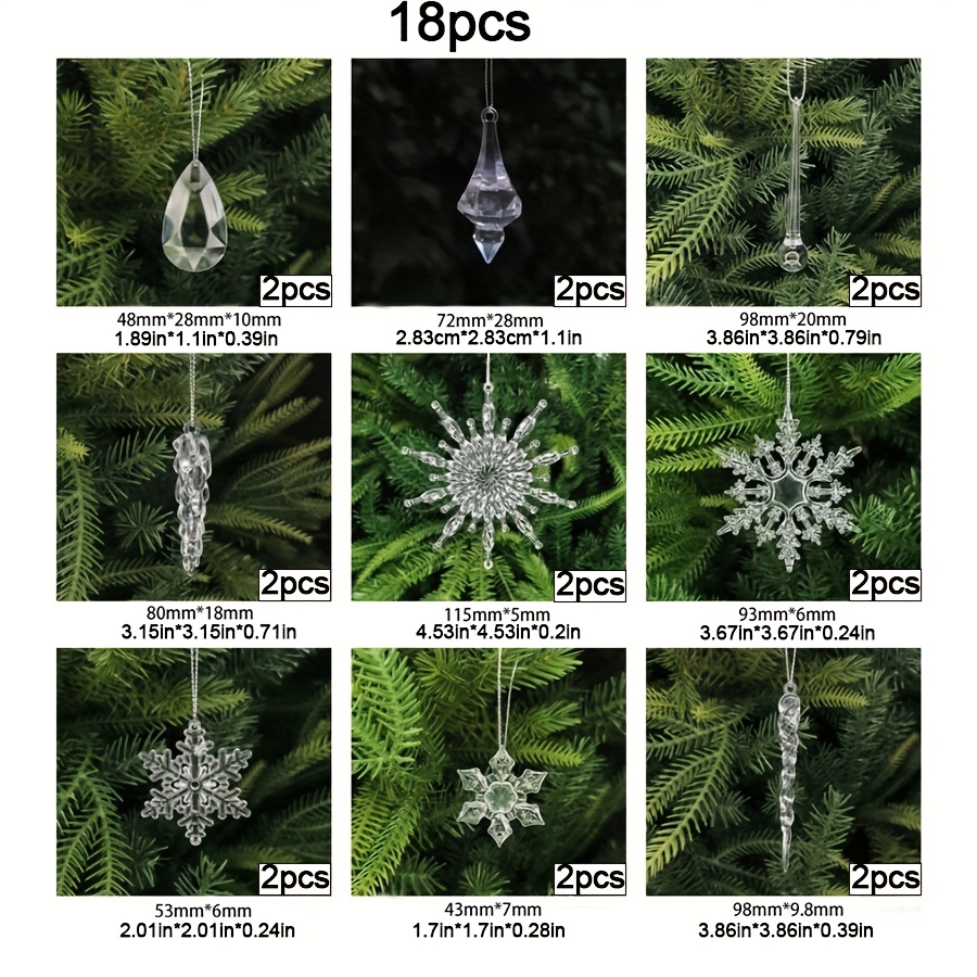 TEMU 18pcs Crystal Christmas Tree Ornaments, Hanging Acrylic Xmas Snowflake Icicle Drop Crystals With Hooks For Christmas Tree Winter New Year Party