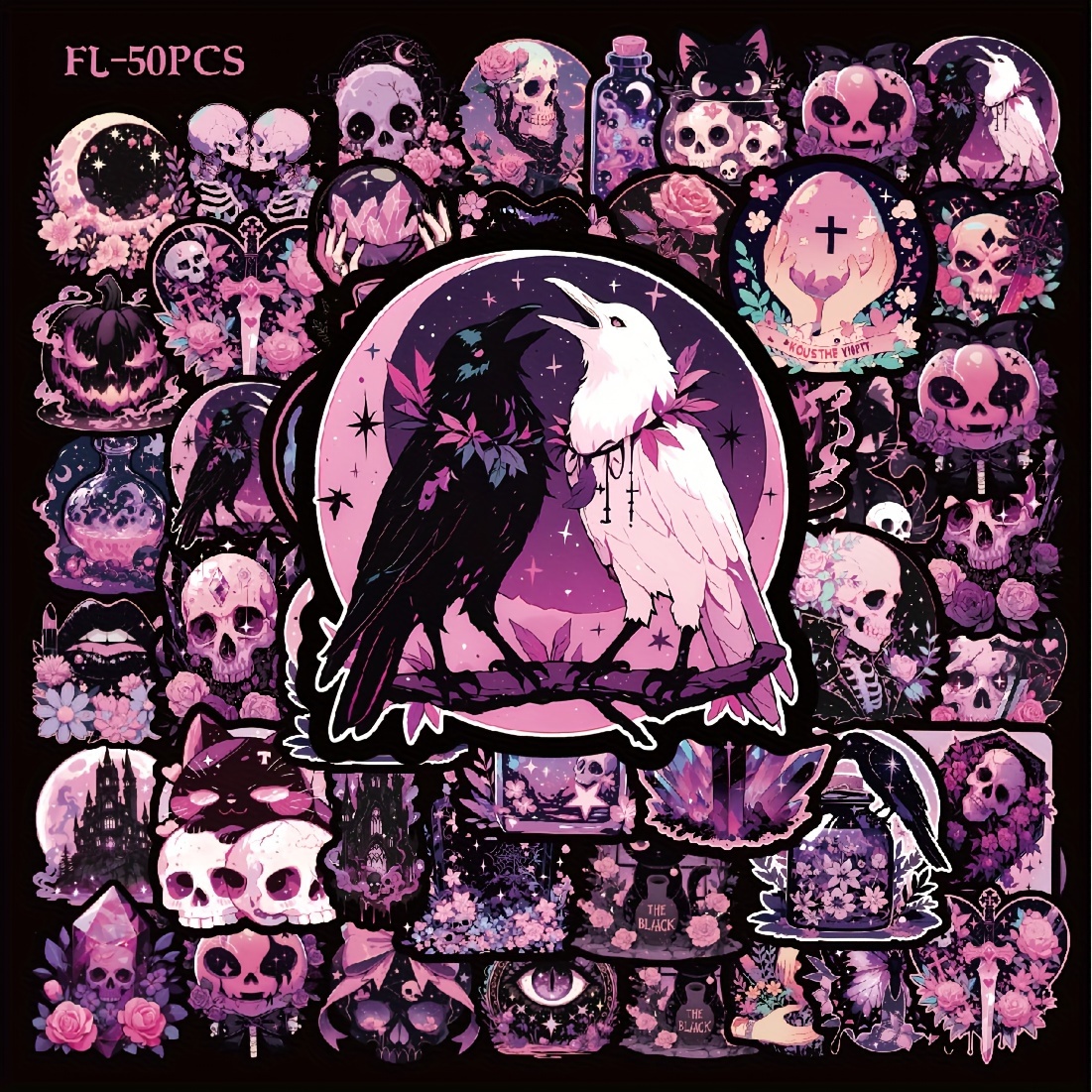 Image of 50-piece Purple Gothic Halloween Doodle Sticker Set - Design For Phone Cases, Luggage, Journals, Laptops, Phone Fishing Tackle Boxes