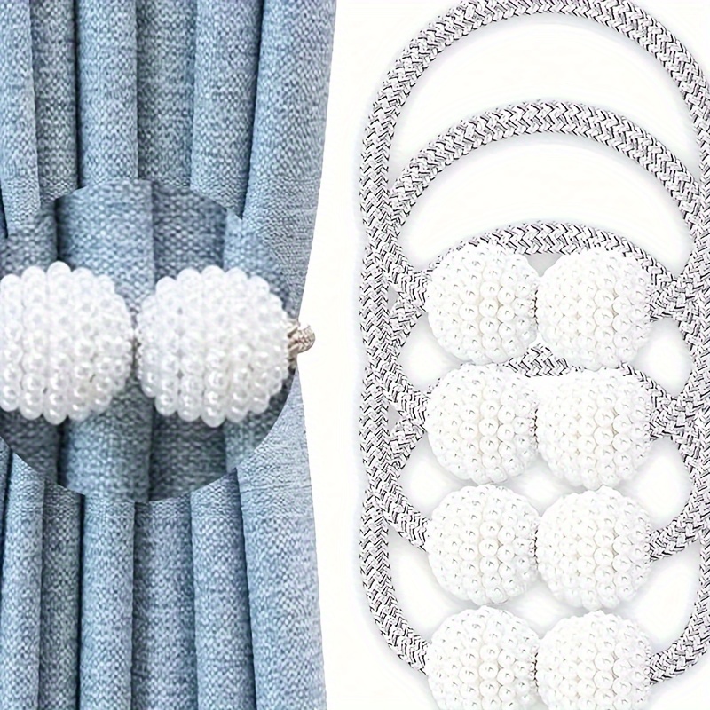 

4pcs Vintage Style Pearl Curtain Tiebacks, Magnetic Buckle Drapery Cord Holdbacks With Plastic Weave Design - No-punch Installation