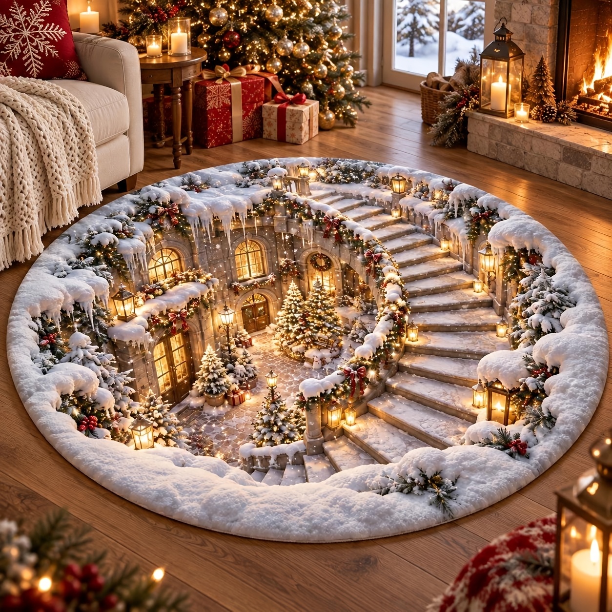 TEMU 1pc Lyahkae Suitable For Rooms Round Rug - Winter Snow Scene Carpet With Non-slip Pvc Backing, Hand Washable Soft Warm Floor Mat Suitable For
