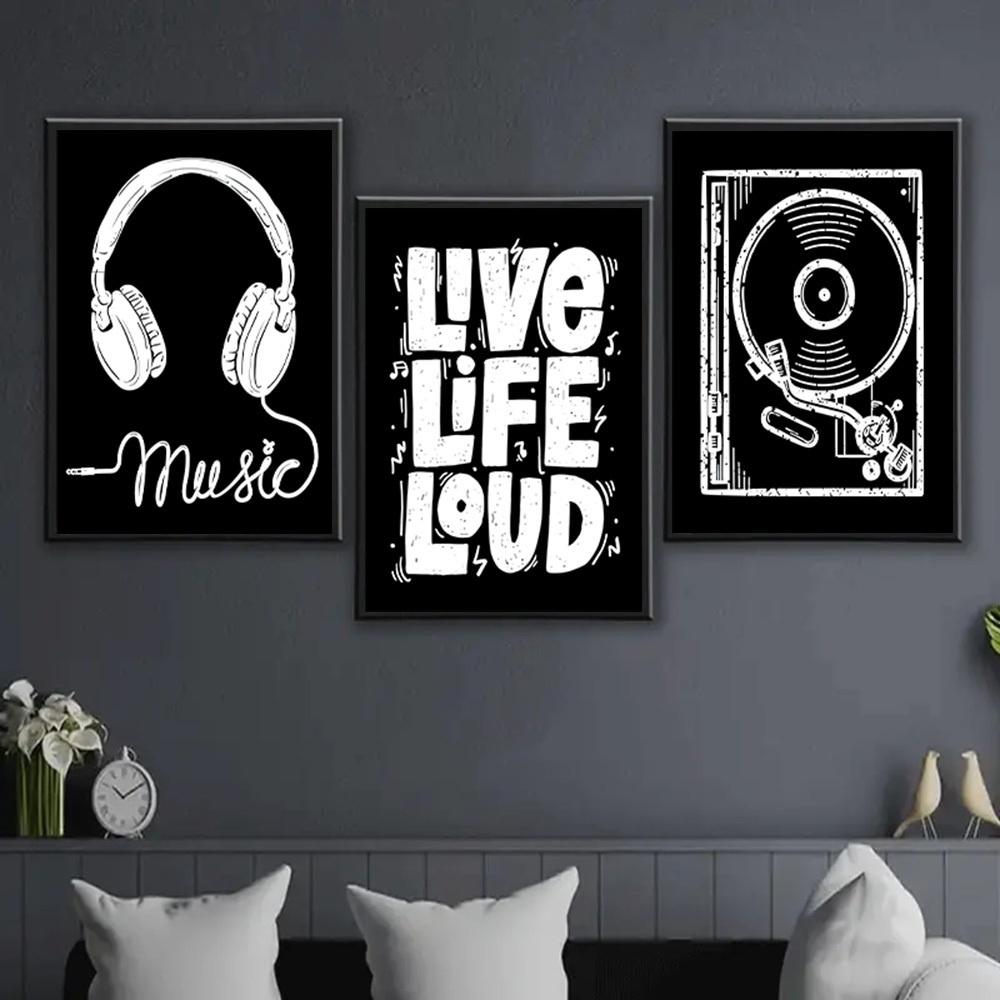 TEMU 3pcs Music-themed Wall Arts Decor, Headphones, Records, Quotes "live Life Loud", Modern And Cool Design, Printed Canvas Posters, Suitable For