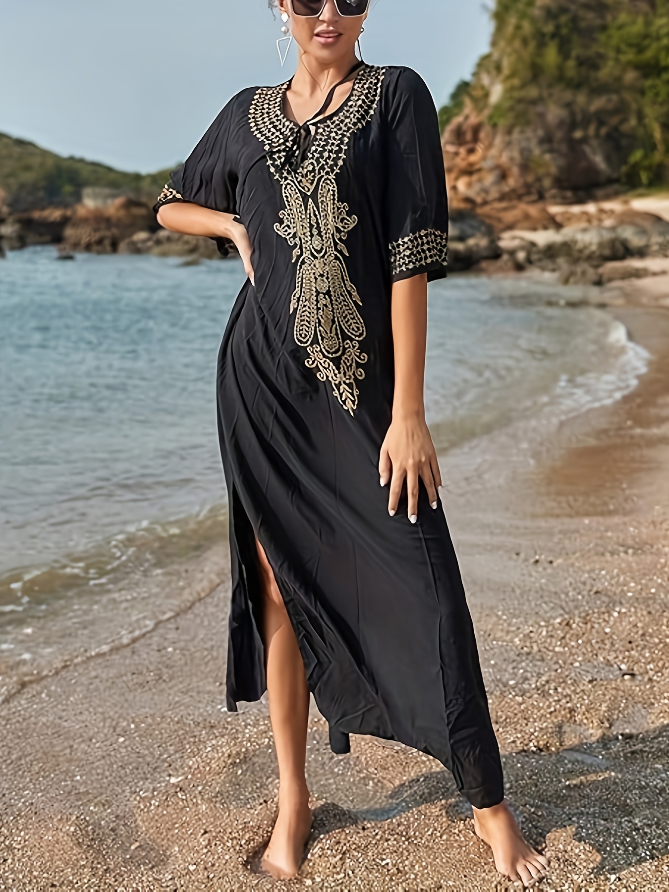 elegant womens black kaftan dress v neck short sleeve side   beach cover up with intricate   lightweight polyester ideal for summer beach dress
