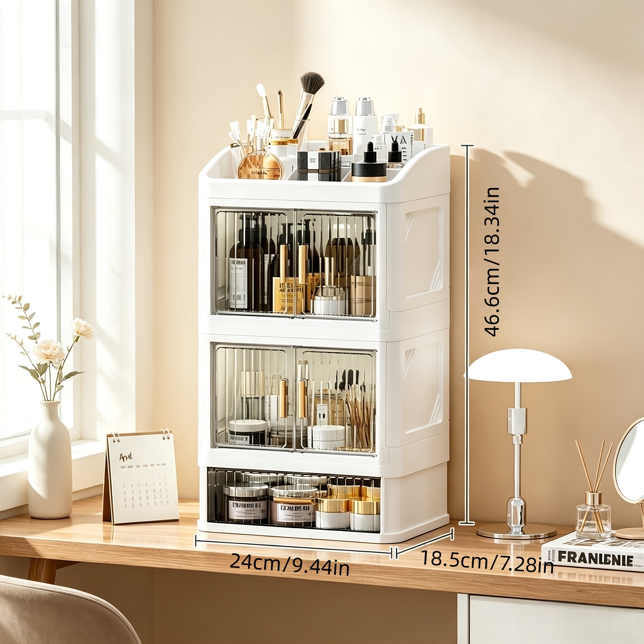 TEMU Boîte de rangement cosmétique transparente à double porte multicouche, grand étagère anti-poussière pour soins de , rangement compartimenté pour
