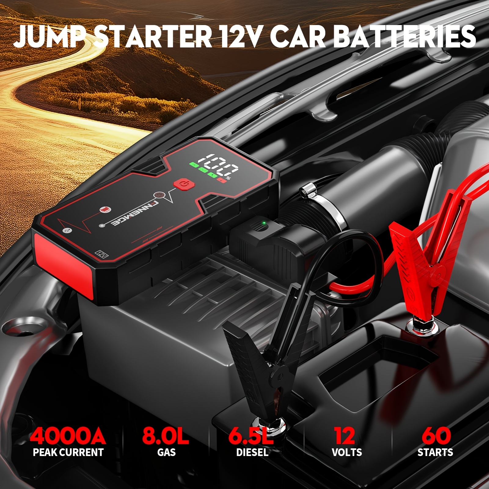 TEMU Fnnemge Car Battery Jump Starter, 21800mah Emergency Jump Starter For Cars (engines Up To 8.0l Gas/6.5l ) 12v, Emergency Jump Starter With Usb