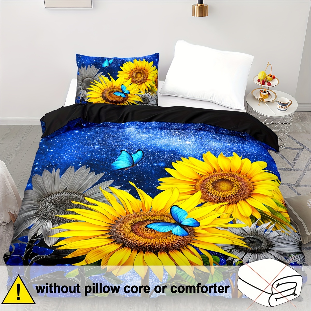 E-shop 2/3-teiliges Bettbezug-Set, Sonnenblumen-Bettbezug Doppelbett, Blumenbettwäsche, Blaue Schmetterling-Bettbezug Doppelbett,