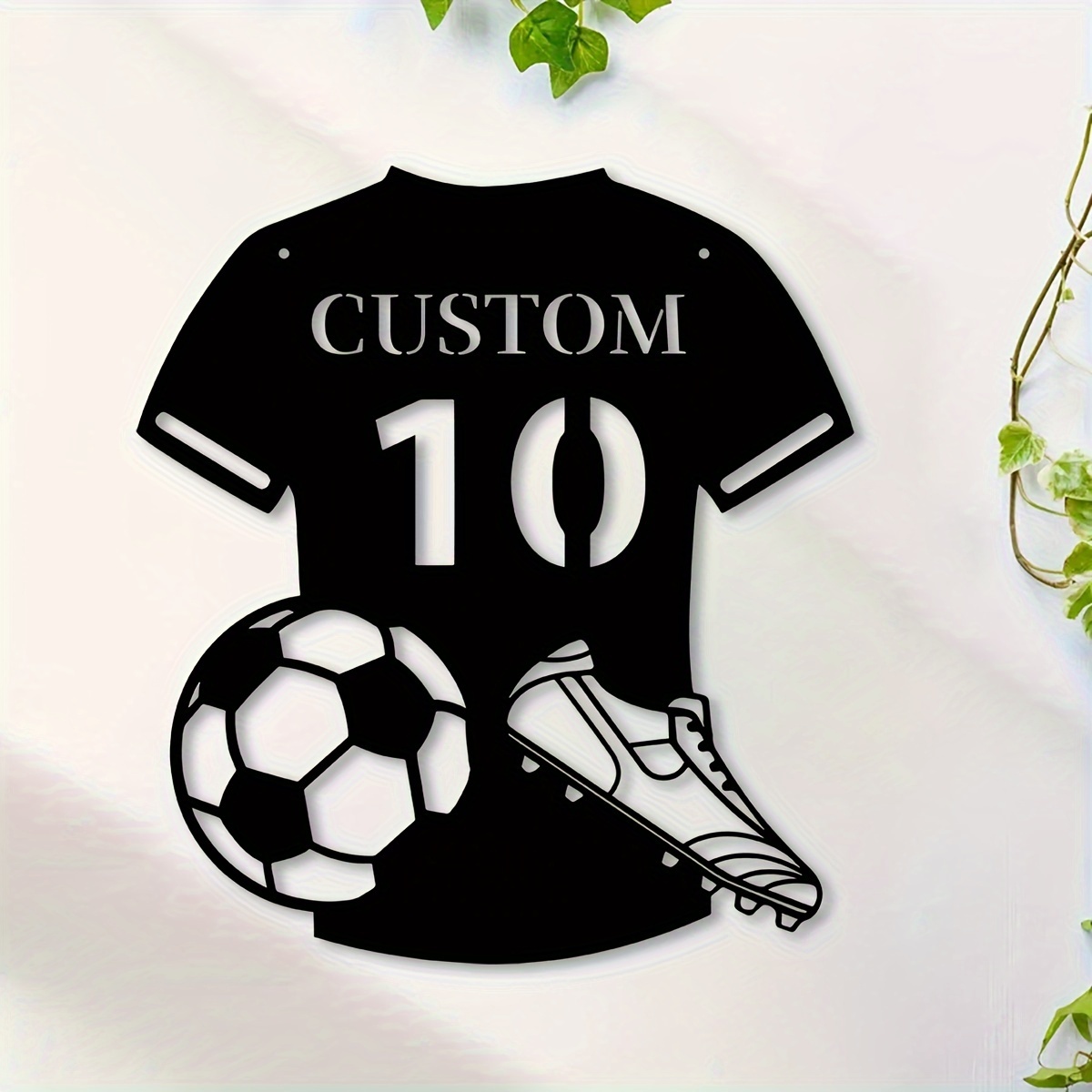 

Custom Metal Soccer Jersey & Sneaker Sign - Personalized Wall Art For Home Decor, Farmhouse Style, With Hooks For Easy Hanging - Perfect Gift For Sports Fans
