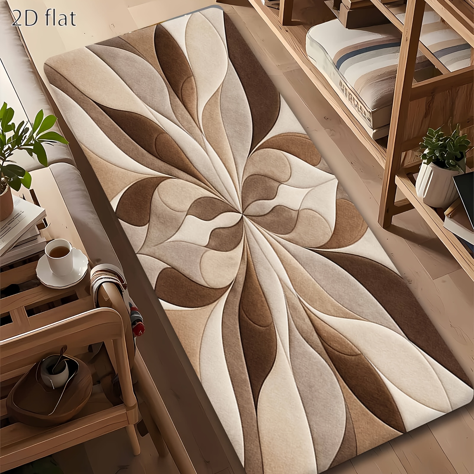 TEMU 2d Flat, Bath Rug Sets: 1 2d Flat Printed Brown Floral Leaf Geometric Pattern Rectangular Long Runner Rug, Home Decorative Floor Mat, Featuring