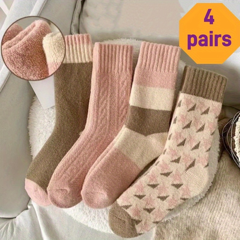 Image of 4 Pairs Women's Autumn Winter Thick Warm Terry Mid-calf Socks, Japanese Pink Sweet Cute Girly Towel Socks Floor Socks, Autumn Winter Essential Soft Comfortable Striped Socks