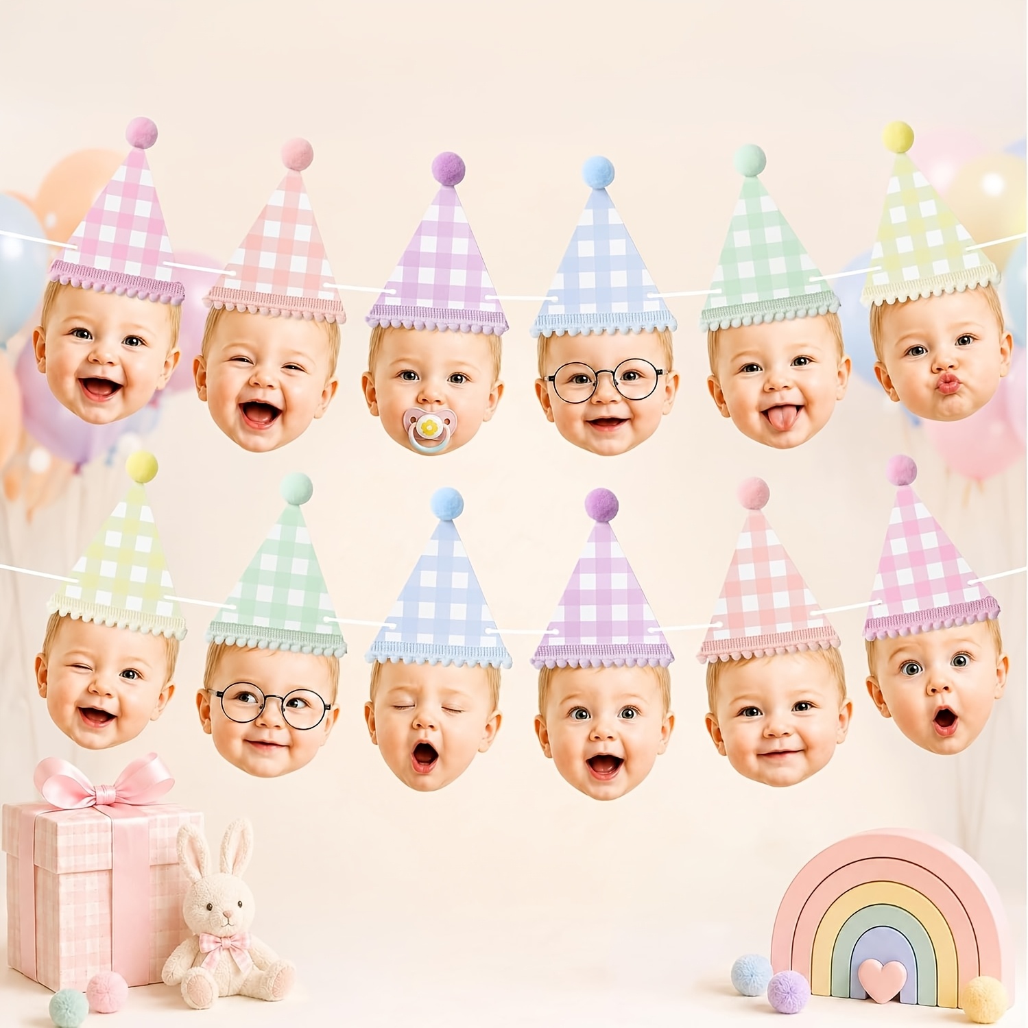 TEMU 1 Set, Pastell-Gingham-Karo-Macaron-Wimpelketten-Set mit Pompon-Waffelhütchen, 1,5 m monatliche Erinnerungs-Girlande für 4×6-Fotos, Geburtstag