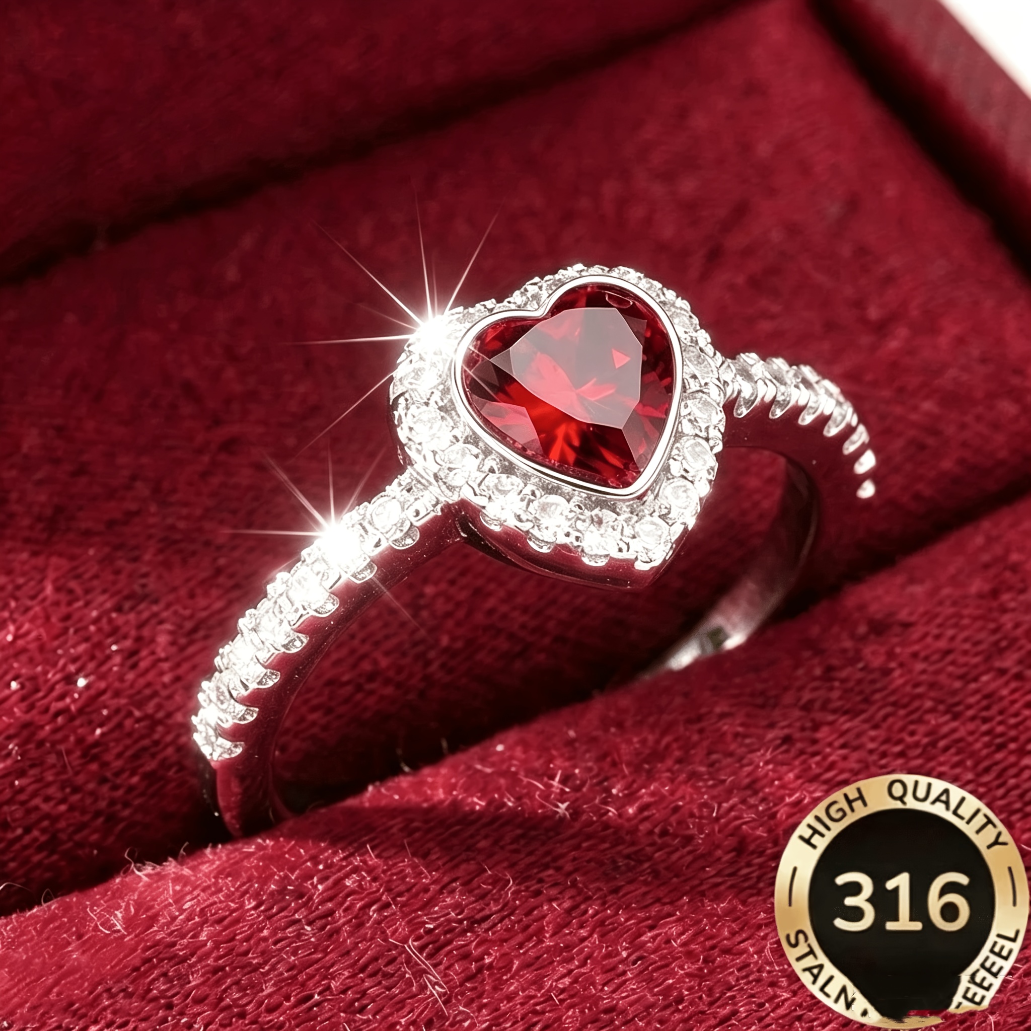 TEMU 1pc High-quality Adjustable Open Steel Hypoallergenic Light Luxury Elegant Heart-shaped Pattern With Red Heart-shaped Synthetic Synthetic