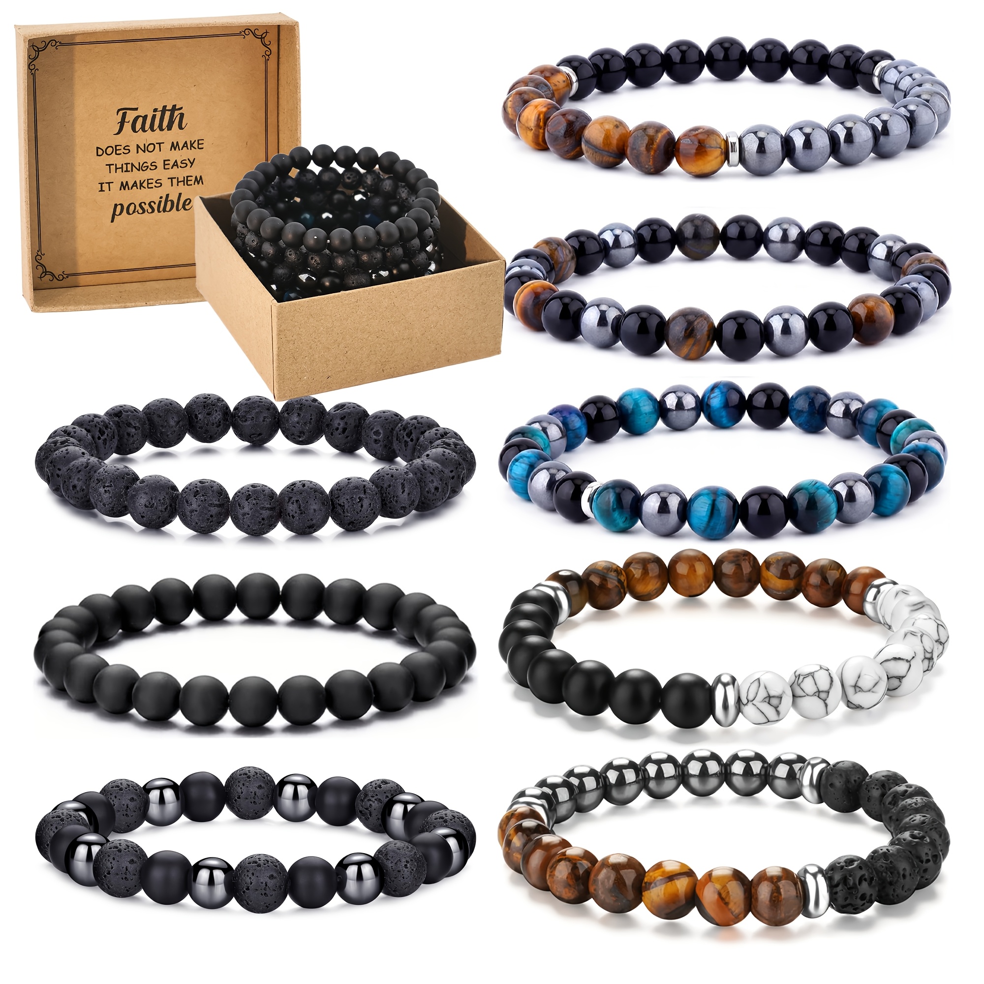 E-shop 8er-Set Naturstein-Perlenarmbänder für Herren, Dreifach-Schutz-Armband für Herren, bestehend aus drei 8mm-Perlen, Schmuckgeschenk für Herren,