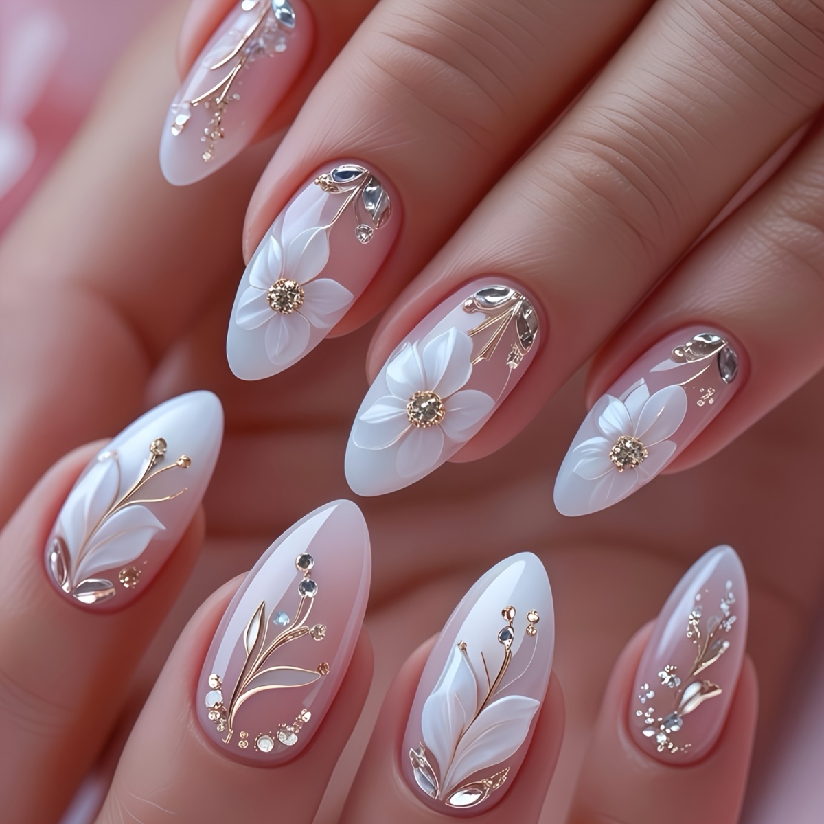 TEMU A Set Of 24 Medium-length Almond-shaped Press-on Nails, Spring/summer Style With Beautiful White Flowers And Sparkling Rhinestones. Suitable For