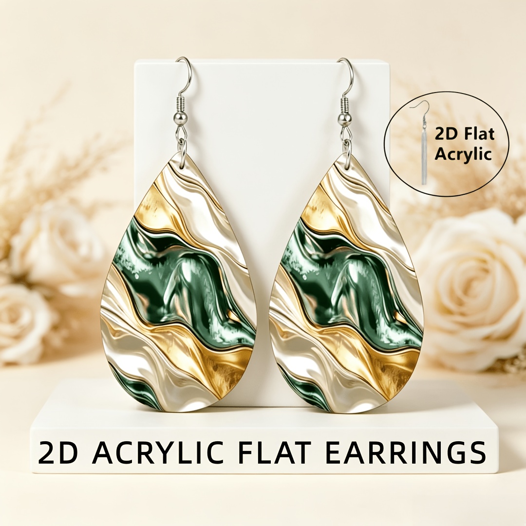 Women's 2D Flat Gilded Ink Green Water Drop Earrings