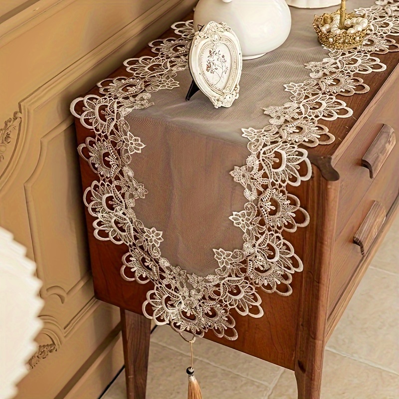 

Chemin de table en dentelle florale - 1pc carré en polyester tissé avec bordure en dentelle, idéal pour à manger, les tables basses, les fêtes et les rassemblements festifs