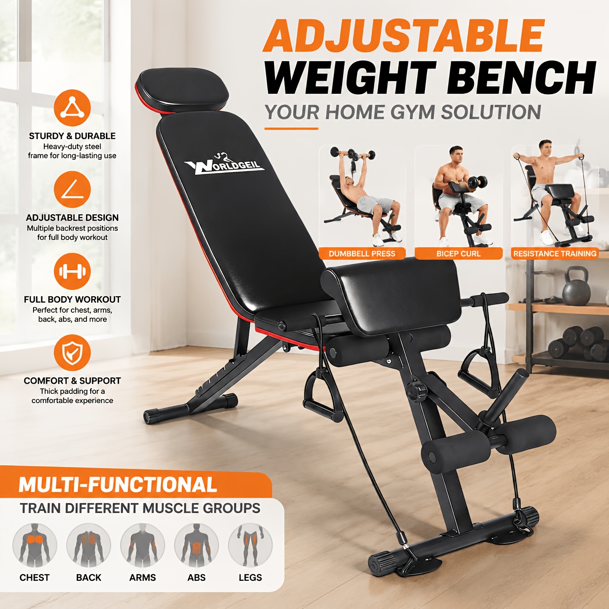 Image of Adjustable Roman Chair For Home Gym, Multifunctional Bench With Resistance Bands, Sit Up Bench, Abdominal Workout Equipment For Full Training
