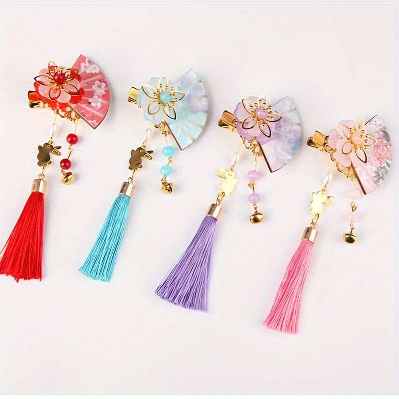 

2-piece Set Chinese Hanfu Hair Clips With Floral Fan Design & Tassels - Acrylic, Colorful, Perfect For Spring/summer Outfits
