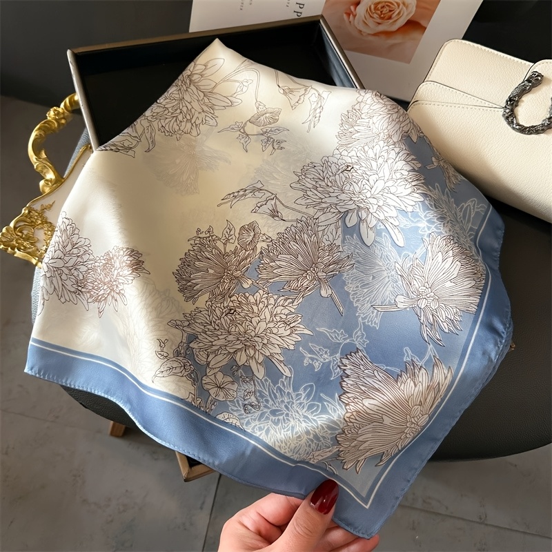 Image of Chrysanthemum Chain Print Polyester Fashion Scarf 70x70cm Headscarf, Decorative Scarf, Printed Women's Professional Square Scarf, Non-stretch, Suitable For