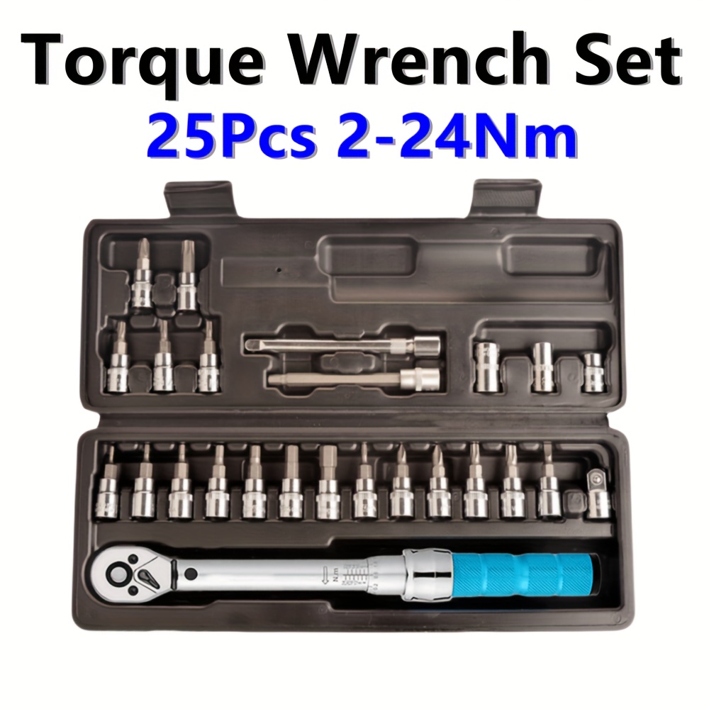 

25pcs Torque Wrench Set, 1/4" Drive 2-24nm High Precision Tool Kit For Bicycle & Motorcycle Maintenance, 10-inch Metal Wrench With Quick Release Ratchet, 72 Gear For Efficient Repairing