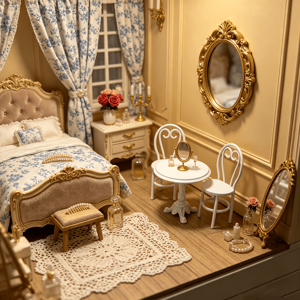 French Retro Mini Doll Furniture Set with Curved Back Chairs & Dressing Mirror