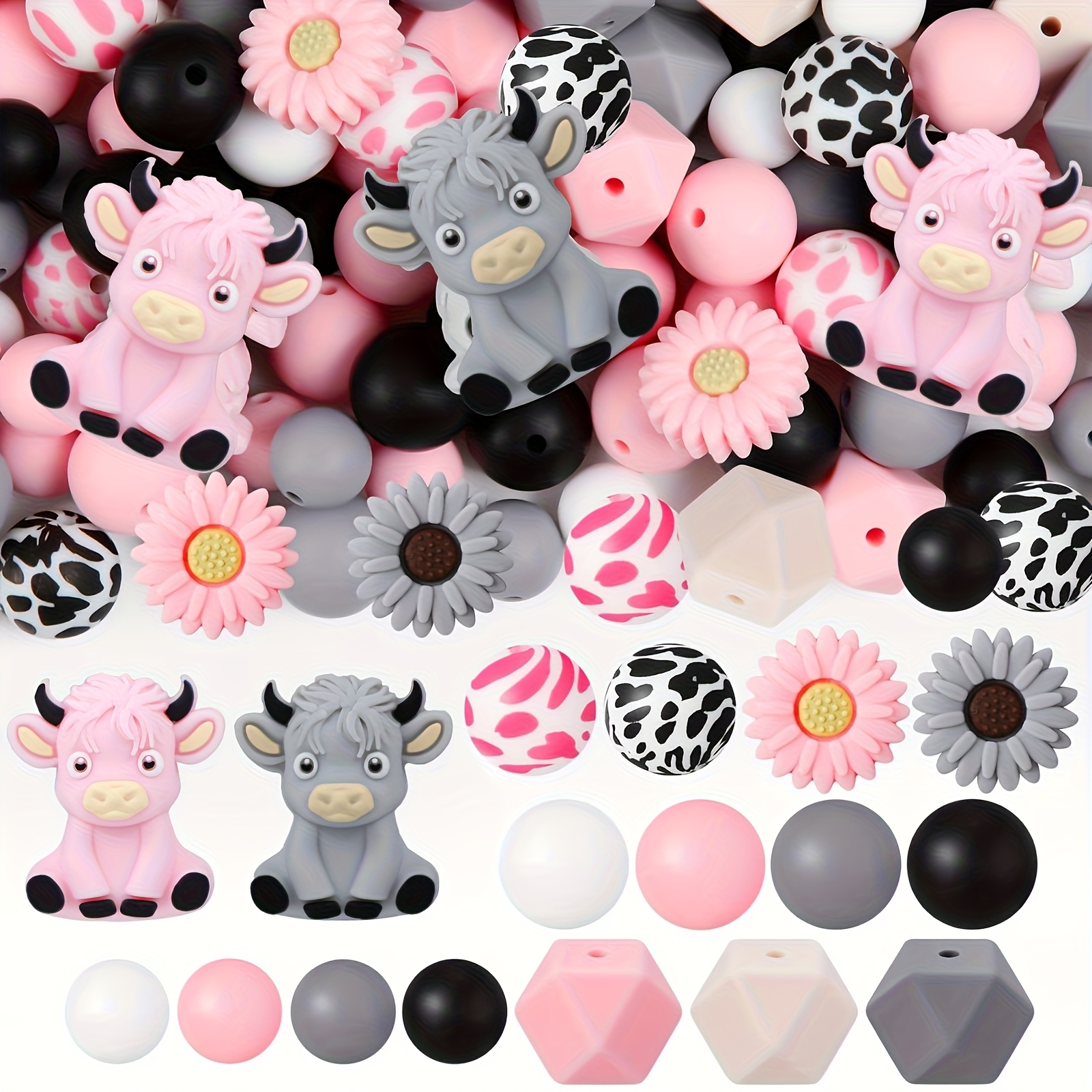 TEMU 100pcs 3d Powder Gray Highland Daisy Flower Silicone Beads Set