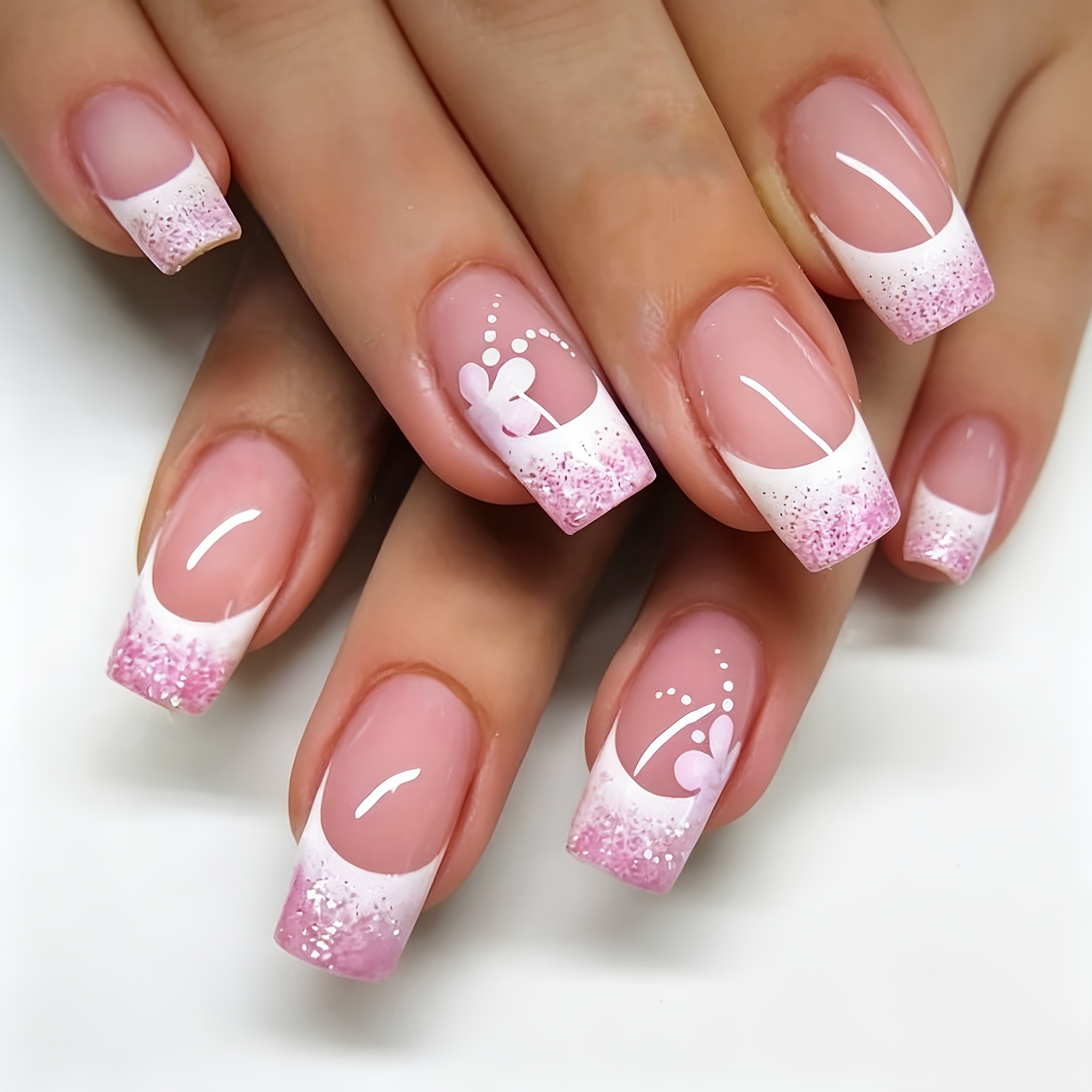 TEMU Upgrade Your Look - 24pcs Press-on Nail Set, Pink Loose Powder Gradient With White Edges, , Fresh And Cute, Versatile And Elegant, Brightening