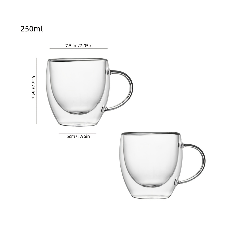 Juego de 2 vasos de pared doble de 250 ml (8.45 oz) con asas, vasos de espresso de vidrio aislado transparentes adecuados para lattes, cappuccinos, bolsitas de té y bebidas frías y calientes
