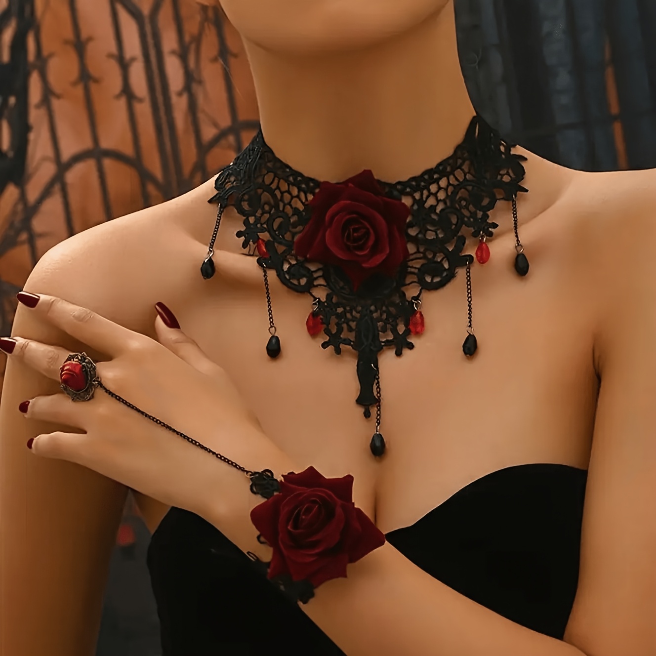 E-shop 1 Halskette + 1 Armband Damen Halskette Rose Spitze Schmuckset Gothic Stil Gothic Schmuck für Partys
