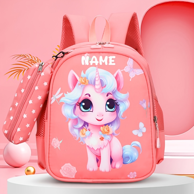 TEMU 1pc Mini Back-to-school Personalized Custom Casual Cute Cartoon Unicorn Theme Backpack, Customizable Name, Text, Or , With Long Pencil Case,