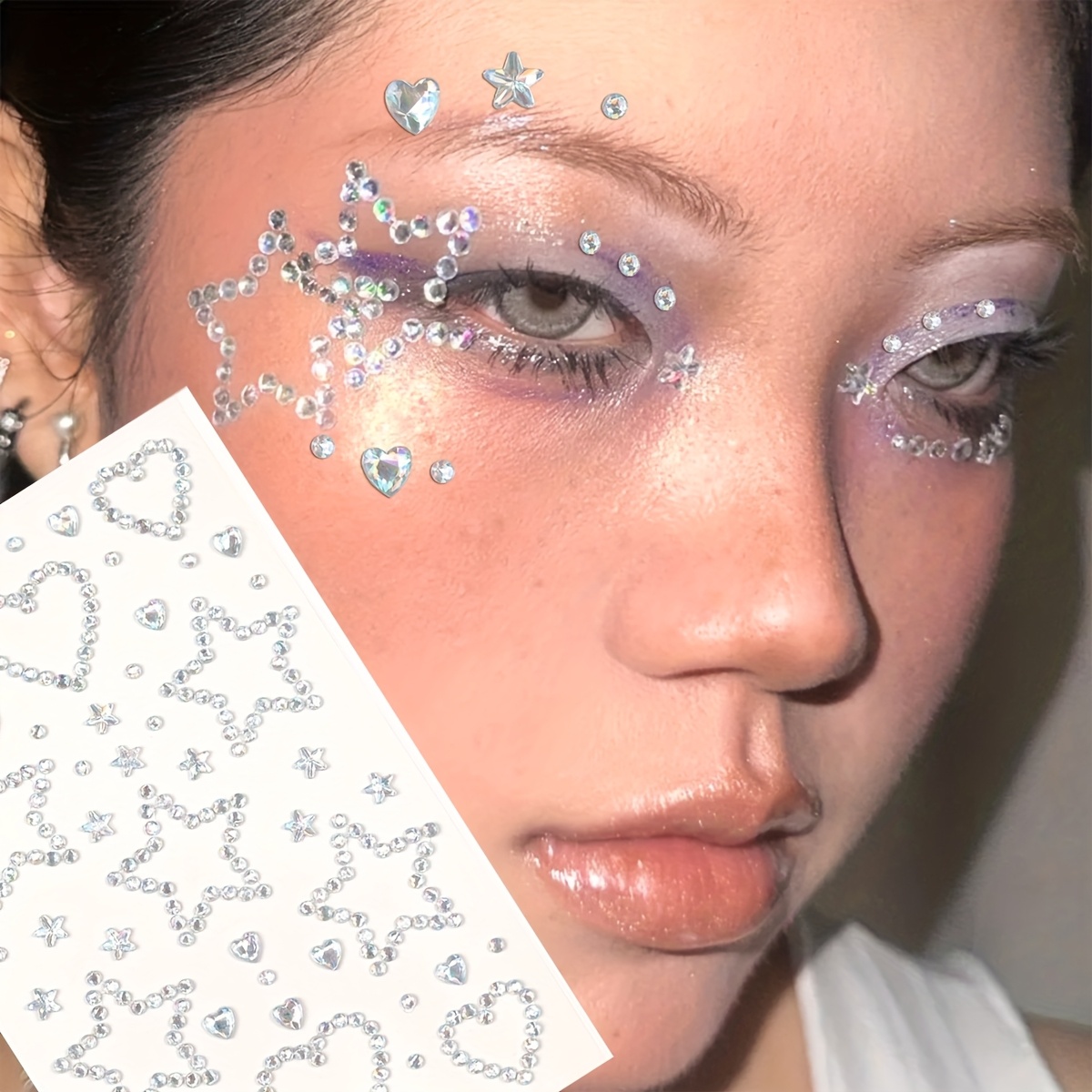 TEMU Adesivi decorativi con strass per capelli, e corpo, estetici e sognanti, taglio laser, con cuore traforato e stella a punte, strass simulati 3D