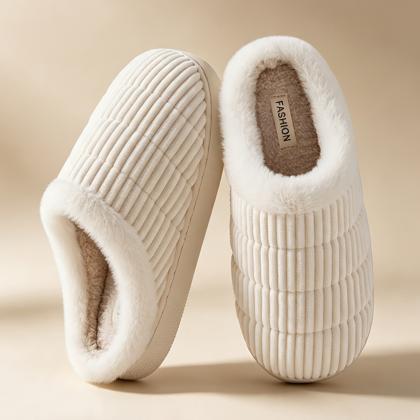 TEMU Unisex Corduroy Plush-lined Slippers With Large Pom-pom Accents For Fall/winter, Indoor Home Slippers For Men And Women, Warm And Comfortable
