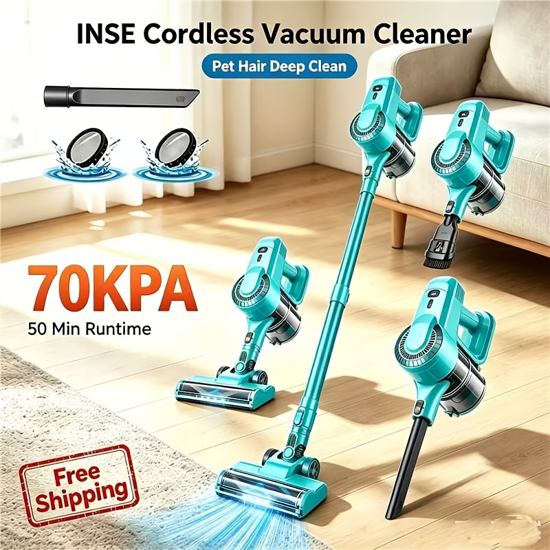 TEMU Le aspirateur INSE Home est doté d'une puissante et équilibrée aspiration de 70Kpa, d'une autonomie de 45 minutes, d'une batterie rechargeable,