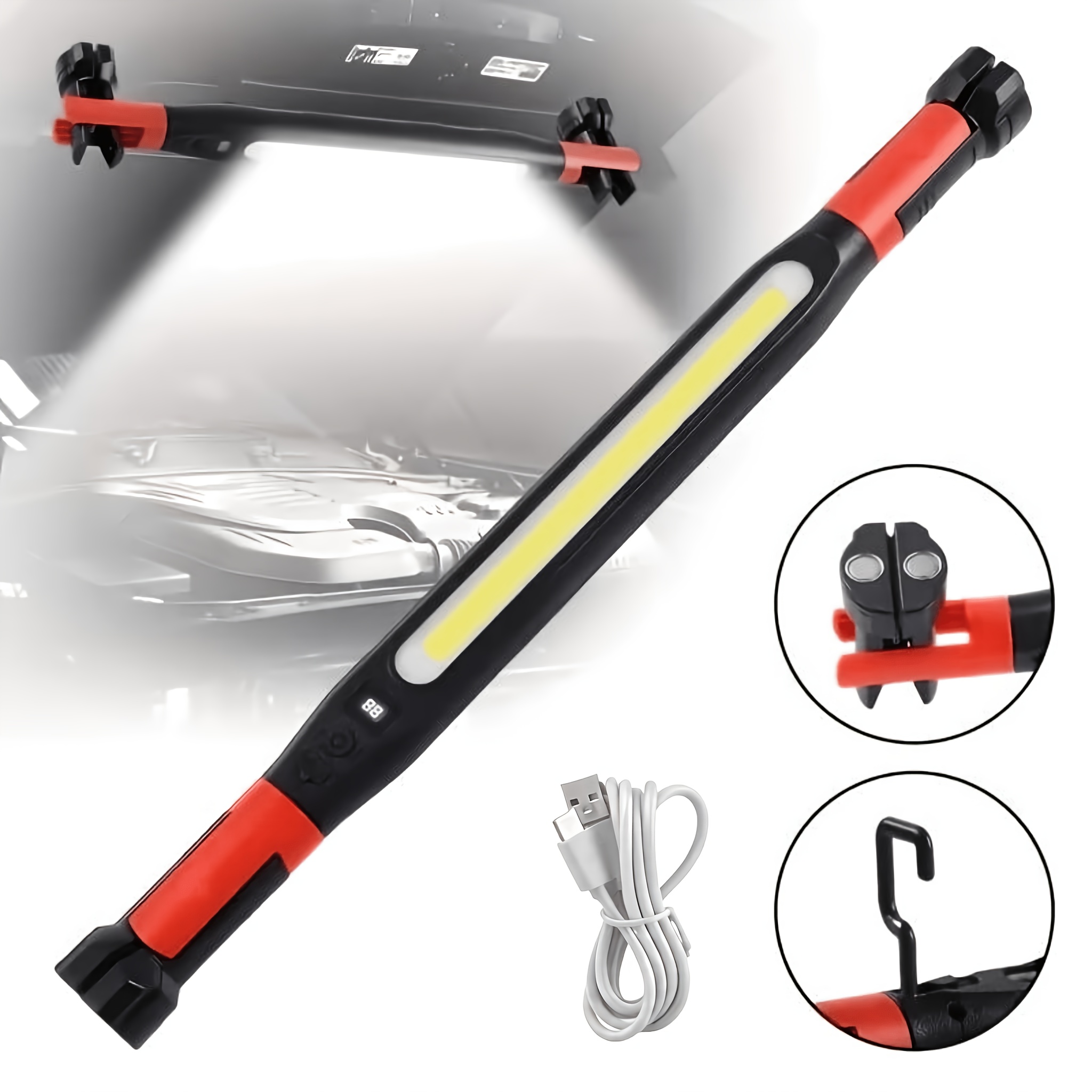 TEMU Work Light, High-brightness Led Work Light, 2000mah Rechargeable Portable Flashlight, Under-hood Work Light With Magnetic And Hook, Mechanic