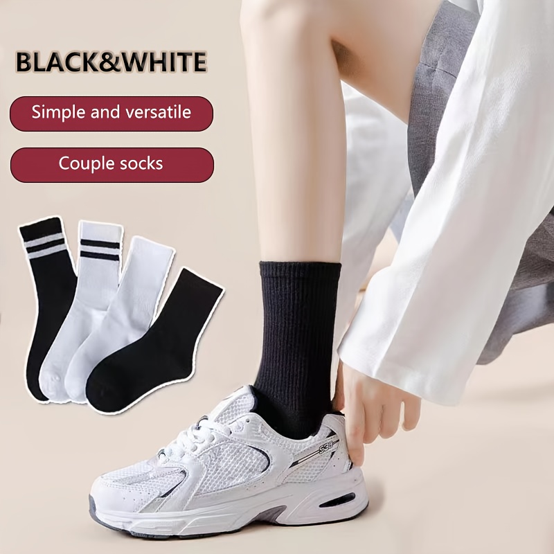 

4pcs Women's Mid-calf - Elegant Striped And Solid Color, Soft Polyester/spandex , Ideal For Autumn & Winter, Cute Socks