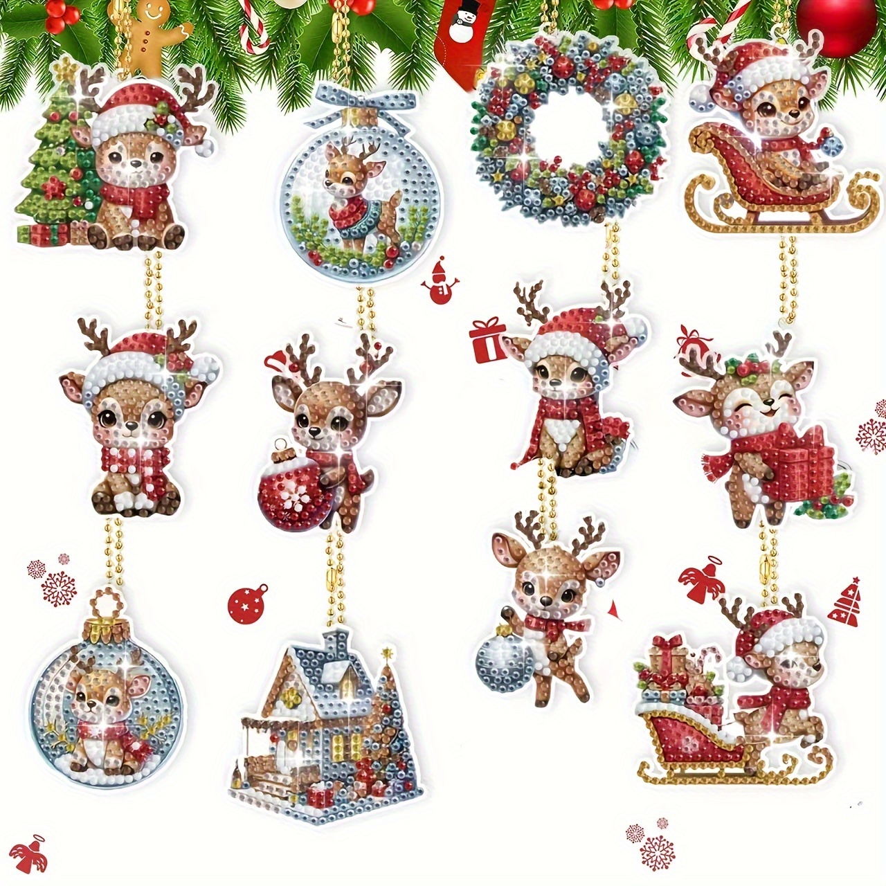 

12pcs Christmas Keychain Set - Acrylic Reindeer Mosaic Art Pendants With Chains, Diy Craft Kit For Home Decor & Women's Bag Charms